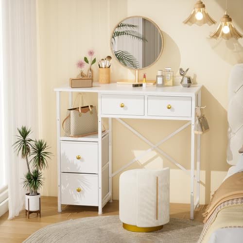 3IngSeagulls White Vanity Desk Without Mirror, Small Makeup Desk with 4 Fabric Drawers, 33.5 Inches Dressing Table with Storage, Vanity Table for Bedroom with Hook, White