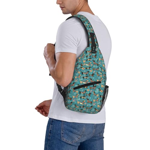 Dachshund Dog Floral Casual Sling Backpack Cross Body Chest Bags for Unisex Teal Pink Flowers Adjustable Shoulder Bag Multipurpose Daypack4