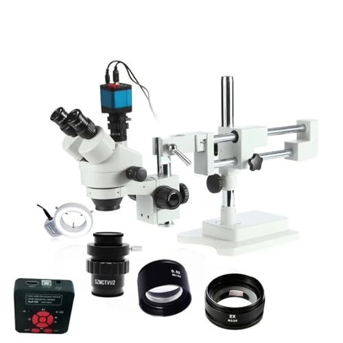 Microscope 3.5X-90X Simul Focal Trinocular Microscope Double Boom Stand 14MP Camera 144pc Ring Light Soldering Stereo Microscopio Set(Set 2)