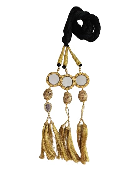 Women Patiala Shahi Paranda/Parandi Traditional Hair Accessory Braid Tassles/Hair Extension/Choti (Black with Golden Color & Mirror Work Hangings)