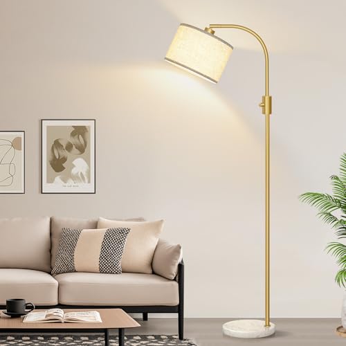 Image of Nintiue Upgraded Modern Arc Dimmable Tall Standing Floor Lamp with Marble Base & Linen Shade, 1200 Lumens LED Bulb Included, for Living & Reading Room, Bedroom, Office & Nursery, Gold