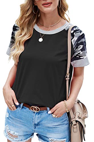 Womens Shirts and Blouses Camo Short Sleeve Shirts for Women Trendy Fashion Black Tops Trendy Summer Casual T Shirts(2-Black-Short sleeve, X-Large)
