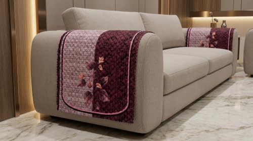 Image of KINGLY Quilted Velvet Sofa Cover Wine Maroon 2 Pc Arm Cover Anti Skid Pipe