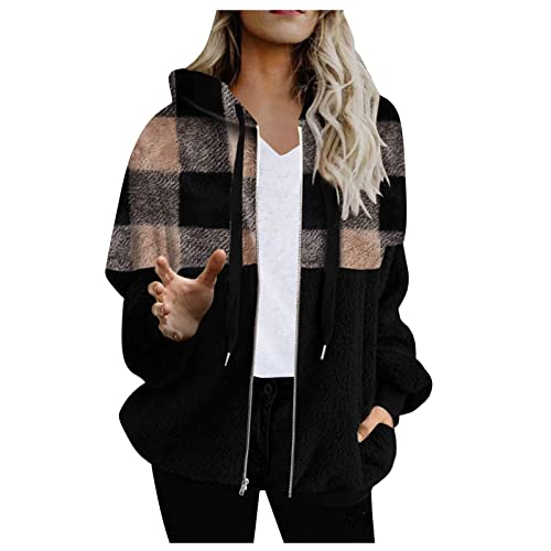 Amikadom Shacket para senhoras outono inverno xadrez quente felpudo com capuz jaqueta capuz roupas f