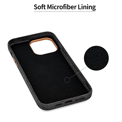 Image of Dockem iPhone 14 Pro Max Fabric Card Case with Built-in Metal Plate for Magnetic Mounting, Stitched-on Genuine Leather Wallet with 2 Credit Card /ID Slots: M2F 14 Pro Max [Grey w /Light Brown]
