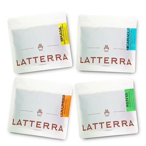 Latterra Pack Café Degustación Especialidad en Grano 4 Orígenes Brasil, Colombia, Kenya y Nicaragua 250gr - Café de Especialidad con Notas Achocolatadas, Afrutadas y Florales - Sin Aroma Añadido