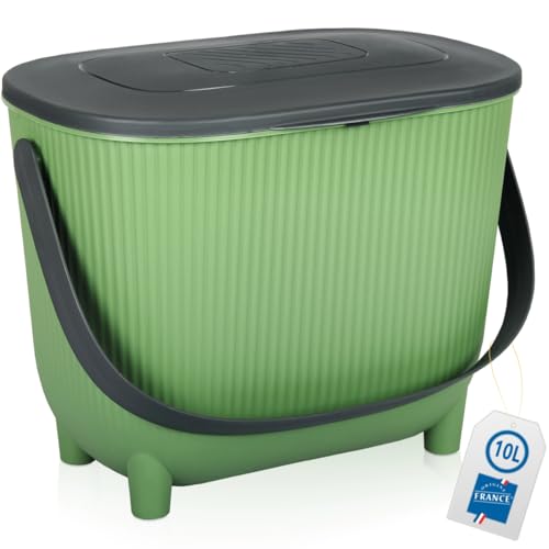 Premium Komposteimer 10L K&uuml;che Biom&uuml;ll Beh&auml;lter Bio M&uuml;lleimer mit Deckel und Aktivkohlefilter (Gr&uuml;n/Dunkelgrau)