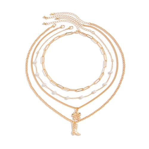 MICFENY Elegante juego de collar dorado de varias hebras con detalles de perlas y dije de bota, elegante cadena de clavícula para cumpleaños de mujer