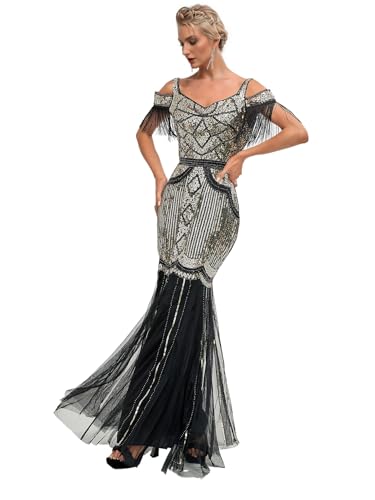 Image of Women Evening Maxi Long Dress 1920s Sequin Mermaid Hem Wedding Prom Gown Costume w / 20s Gatsby Accessories Set