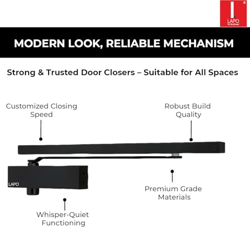 Image of LAPO Door Closer for Office and Residential Use | Aluminium Construction | Double Speed Hydraulic System | Pelmet Arm Type | Suitable for Doors Up to 100 Kg| ISO 9001 Certified | Black Finish