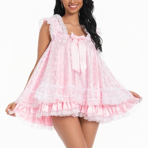 Satini Lingerie Satin Sissy Babydoll Ruffles Frilly Lace Nightie Negligee Cosplay Nightwear Dress4