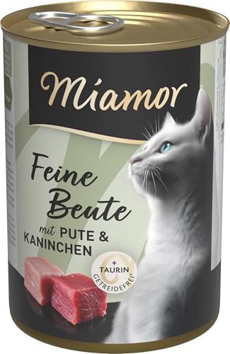 Miamor - Presa Fina | Comida húmeda para Gatos Adultos con 7 Tipos de Carne y despojos. Alimento Completo sin Cereales en Lata con taurina sin aditivos Artificiales | 12 x 400 g de Pavo y Conejo