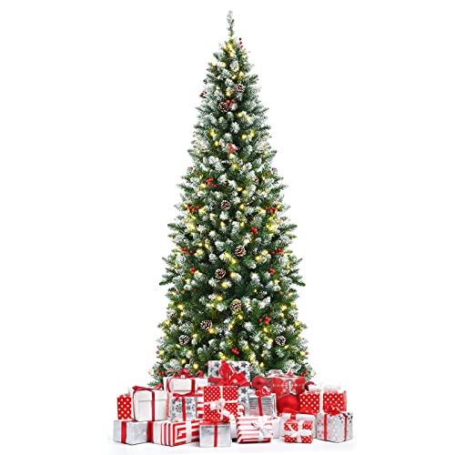 Happygrill 7ft Pre-lit Artificial Christmas Tree Slim Artificial Xmas Tree with 350 LED Lights & 818 Branch Tips Berries and Pine Cones Included, Decoration Tree for Festival Holiday