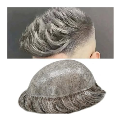 Postiche en cheveux humains gris pour homme avec base tout PU injecté ondulé