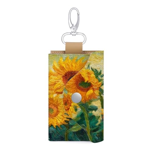 Yellow Sunflowers Key Holder Bag PU Leather ID Card Holder Keychains Case Cover for Men Women