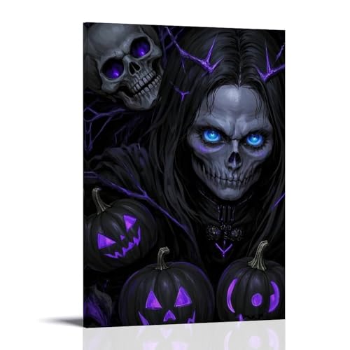 XMHMYHZJ Halloween-Poster mit lila gruseligen Kürbissen und einem Totenkopf mit blauen Augen, Wandkunst, Wandkunst, Wandbild, moderne Dekoration, hängendes Kunstposter, 60 x 90 cm