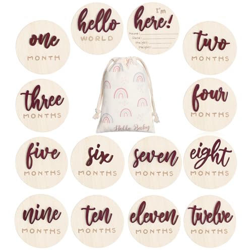 Image of Burbell 7 Pack 3D Baby Monthly Milestone Card Signs Baby Announcement Sign Double Sided Hello World Newborn Signs Wooden Circles Discs for Welcome Newborn Boy Girl Photo Props(Reddish Brown,Letter)