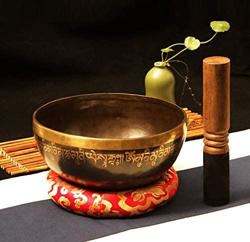 Set di campane tibetane con motivo Mantra Buddha, campane tibetane per meditazione buddista in Nepal con percussore a doppia estremità e cuscino in seta per yoga, rilassamento, guarigione dei chakra,