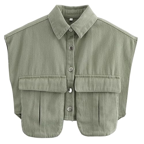 Denim Vest Women Button Down Polo Neck Cropped Loose Sleeveless Shirt Top Jean Jacket Coat with Pockets