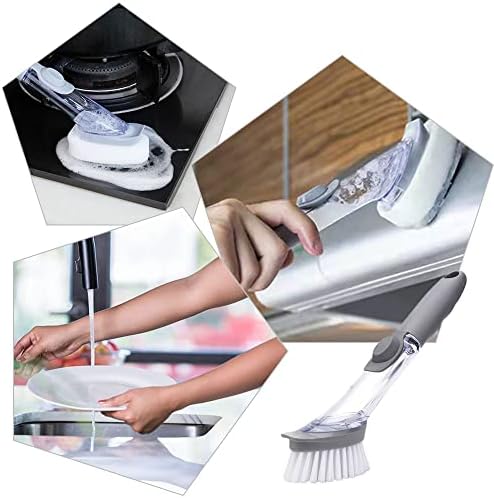 Cleaning Brush Washing Up Brush Multifunction Soap Dispensing Dish Brush Set with 3 Replaceable Sponge Heads for Pot and Pan