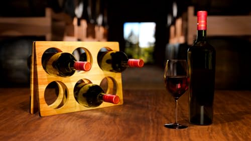 Speak Naturals Collapsible Bamboo Wine Rack – 6-Bottle Foldable Storage Compact Wine Organizer for Travel, RVs, Countertops, Small Spaces