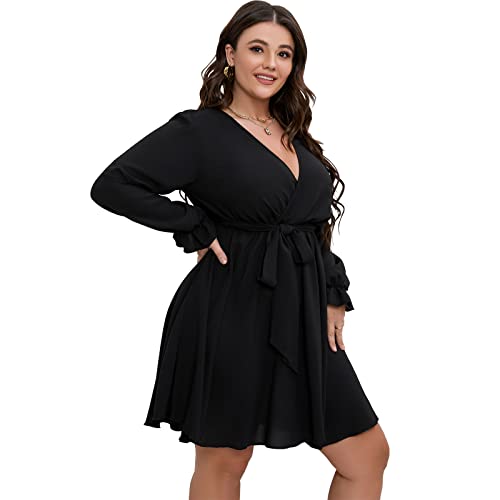 SCOMCHIC Women's Plus Size Long Sleeve Wrap V Neck Tie Waist A Line Mini Dress3