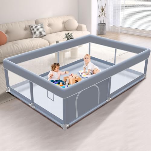 65 x 50 Inch Baby Playpen, Playpen for Babies and Toddlers, Baby Play Pen Playard for Indoor & Outdoor Active Center Game Fence, with Skin-Friendly Fabric and Soft Breathable Mesh, Grey