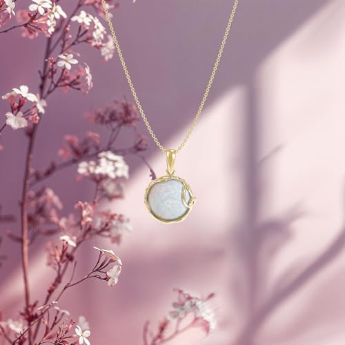 14K Gold Plated White Opal Necklace - 14mm Round Opal Pendant - 50cm Gold Plated Silver Cable Chain - October Birthstone Jewelry for Women - Elegant Gift for Women4