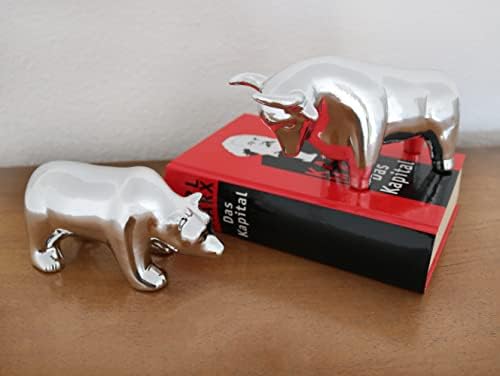 Desk statue bull and bear as a symbol for stock market & Wall Street - modern office decor sculpture in silver ceramics - decorative pair figure as for desk decor & living room