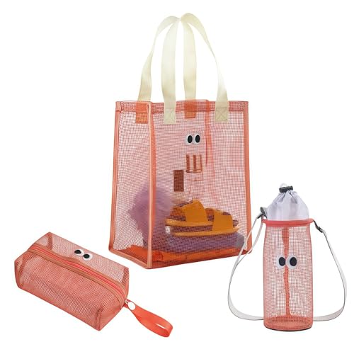 HIMKI Bolsa de natación de malla de 3 piezas, bolsa de deporte con bolsa de cosméticos y bolsa para botella de agua, bolsa de playa transpirable, gran capacidad para natación, deportes, playa (naranja