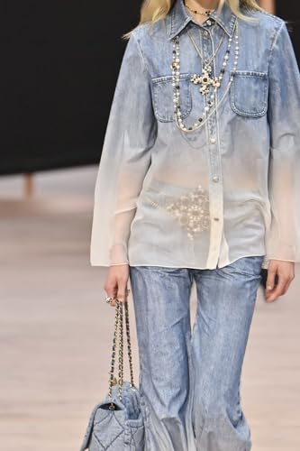 Women's Old Money Aesthetics Gradient Denim Structured Luxury Sheer Chiffon Two - Piece Set2