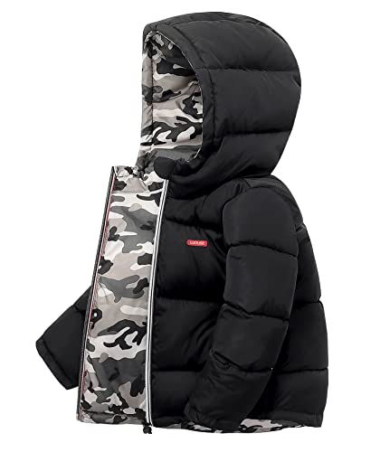 LUOUSE Boys' Reversible Winter Hoodie Coat Jacket with Zippered and Pockets, One Side Black and Camo on the Other, Ages 5-10