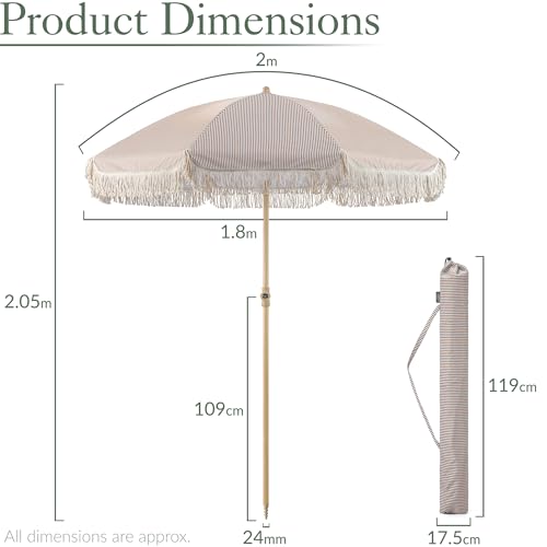 CHRISTOW Portable Garden Parasol with Tilt, 2m Cotton Tassel Beach Umbrella, Outdoor Patio Sunshade, Tilting Canopy, Wood Effect Steel Pole, UV50+ Sun Protection, Water Resistant, Bag (Taupe Stripes) - Image 6