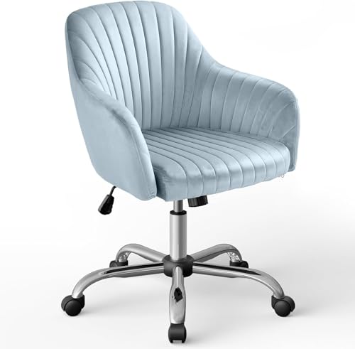Image of AZAKEE Velvet Office Chair with Wheels & Armrests - Mid-Back Swivel Desk Chair for Home Office, Study, Bedroom & Vanity - Adjustable Height, Comfortable & Stylish (Grey)