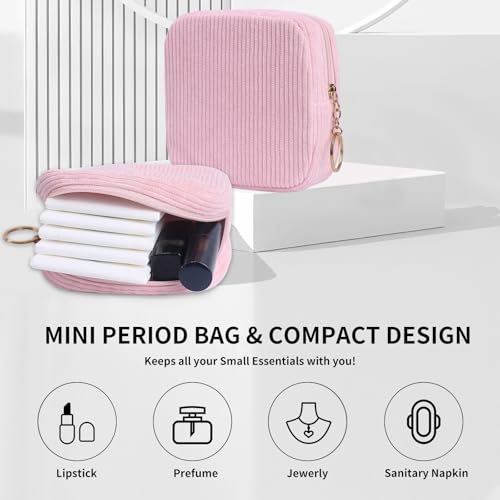 Image of Sanitary Napkin Storage Bag, Preppy Corduroy Period Bag for Women, Cute Portable Period Pouch with Zipper, Sanitary Pads Bag Tampons Holder for Purse, First Period for Women Ladies