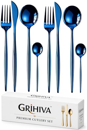 Image of 8 Pcs Blue Slim Handle Stainless Steel Cutlery Set for Dining Table with Spoons and Forks Set + Butterknives - The Perfect Tableware /Flatware