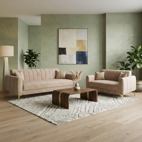 Image of Hermione Luxe Velvet-Suede Fabric 3 Seater + 2 Seater Sofa Set | Golden Legs | Comfortable & Spacious Seating | Modern Sofa Set for Living Room - Beige