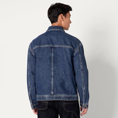 Image of Amazon Essentials Men's Heavyweight Rigid Denim Relaxed-Fit Utility Jacket with Pockets, Shank Button Closure