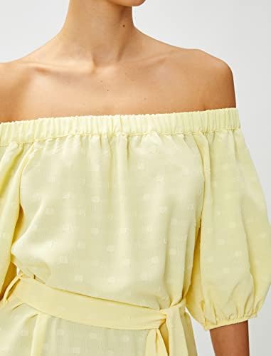 Koton U Yaka Kısa Kollu Desenli Fırfır Detaylı Beli Bağlamalı Maksi Elbise, Kadın, Sarı (153), 34 - Görsel 5