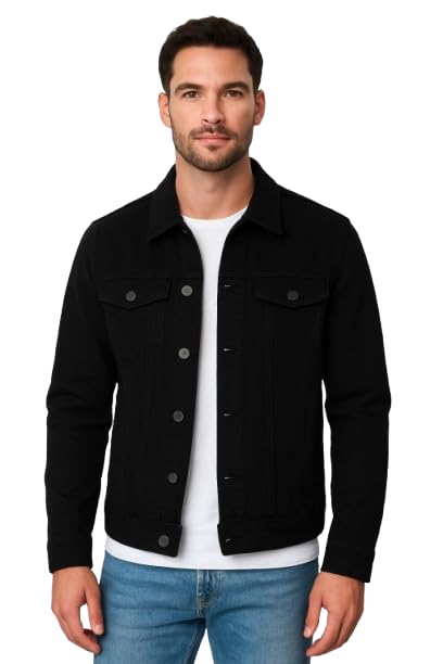 Classic Men's Denim Jacket, Black, Button Front Closure, Casual Style, Collared Neck, Chest Flap Pockets-picture-43