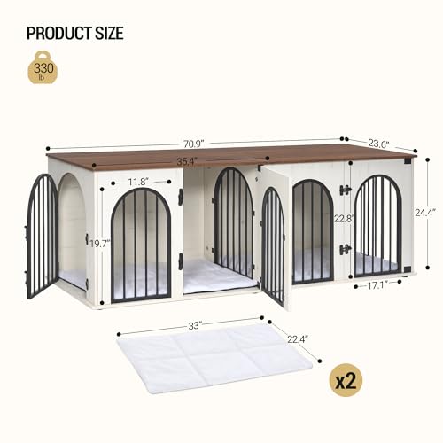 Dog Crate Furniture, 71″ Heavy Duty Dog Kennels with Divider, Pads, Side Table, TV Cabinet, Wooden Dog Crate Furniture for 2 Dogs, Small/Medium/Large Dog, Anti-Chew, Anti-Escape, White Brown Dog Crate Furniture, 71″ Heavy Duty Dog Kennels with Divider, Pads, Side Table, TV Cabinet, Wooden Dog Crate Furniture for 2 Dogs, Small/Medium/Large Dog, Anti-Chew, Anti-Escape, White Brown