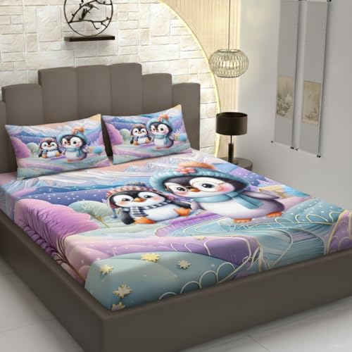 Image of Premium 7D Printed King Size Bedsheet Set with Pillow Covers Soft Cotton Blend Double Bedsheet for Home (Pillow Covers :18x28 inches Bedsheet :90x100 Purple,Blue)
