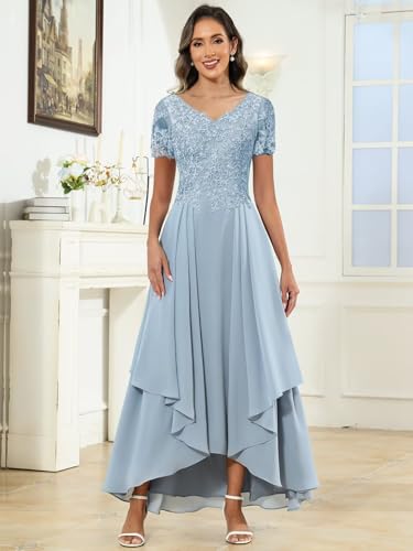 TORYEMY Tea Length Mother of The Bride Dresses for Women Lace Chiffon Formal Evening Dress with Sleeves2