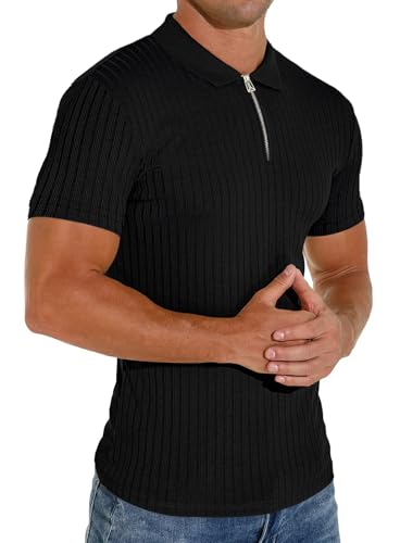 Camiseta polo para hombre con cuello cerrado, ajuste slim, manga corta, escote en V y cremallera, estilo casual y elegante miniatura 2