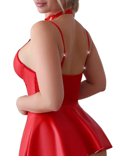Image of GirlFriend SSoShHub Women Leather Lingerie Black Babydoll Round Neck Nightwear Chemise Nightie Bodysuit Lingerie First Night Honeymoon Mini Nightdress Sheer mesh with Panty