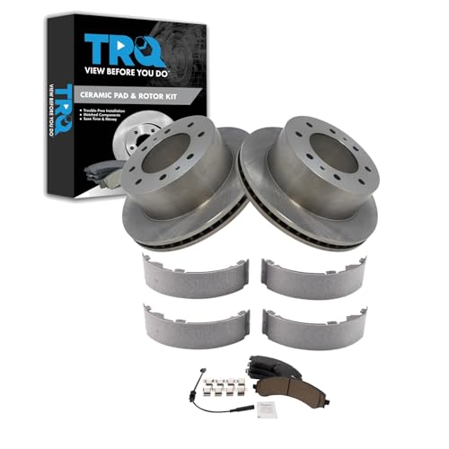 Image of TRQ Rear Brake Pad and Rotor Kit Brake Pads Rotor Parking Shoe Set Ceramic Compatible with 2020-2022 Chevrolet Silverado 2500 HD Silverado 3500 HD GMC Sierra 2500 Sierra 3500