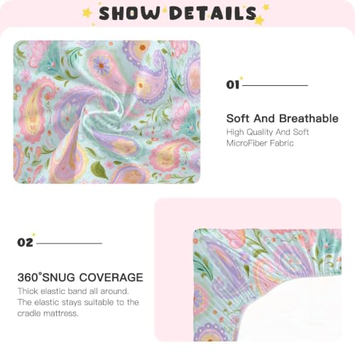Image of Crib Sheet Breathable Soft Crib Mattress Sheet for Baby Toddler Boys Girls Fitted Pack n Play Crib Sheet Fit Standard Crib Mattress 39 x 27 Inch Green Purple Pinks Leaf Paisley