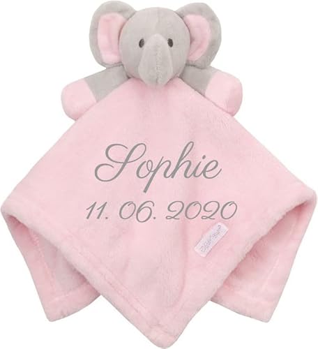 Wuff-Dogsworld Baby Kuscheltuch VIELE Modelle mit Namen Bestickt Geschenk Taufe Geburt Schmusetuch Schnuffeltuch Trösterchen Junge Mädchen (Elefant rosa) Cover
