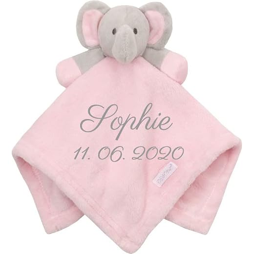 Wuff-Dogsworld Baby Kuscheltuch VIELE Modelle mit Namen Bestickt Geschenk Taufe Geburt Schmusetuch Schnuffeltuch Trösterchen Junge Mädchen (Elefant rosa)
