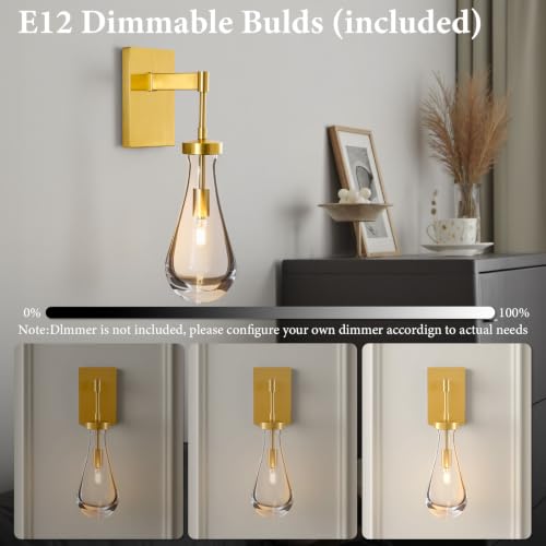 Raindrop Brass Crystal Wall Sconce: Set of 2 Gold Bathroom Decor Sconces - Image 4